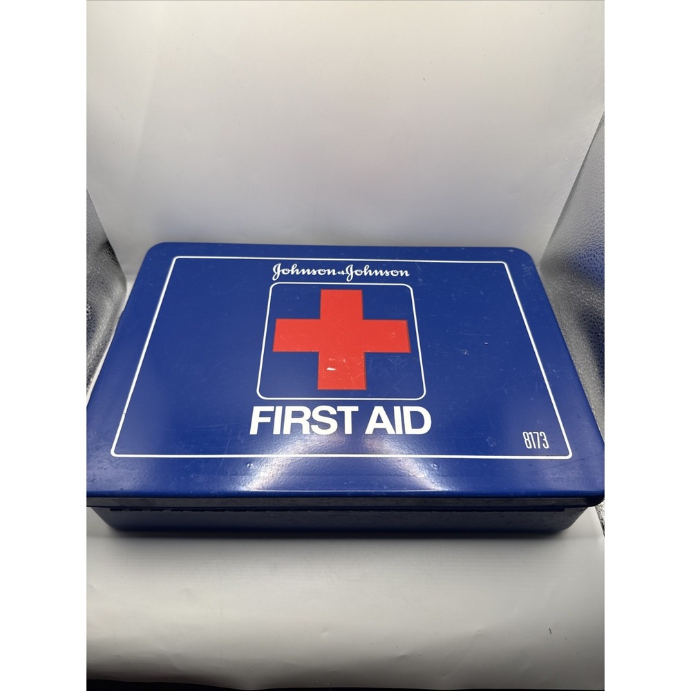 VTG Metal Johnson & Johnson First Aid Kit W/ Contents 8173 Cobalt Blue 13.5x9"